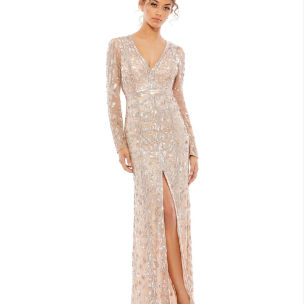 Mac Duggal Embellished Long Sleeve Evening Gown in Rose Gold - Size 6 - NWT